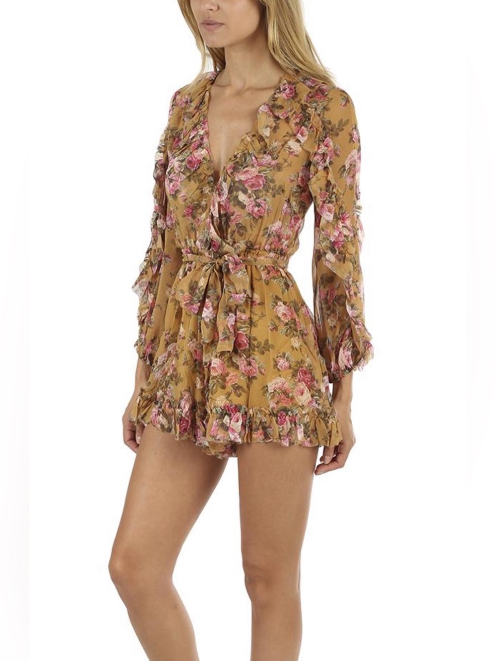 Zimmermann Mustard Floral Ruffle Romper with Pink Blooms